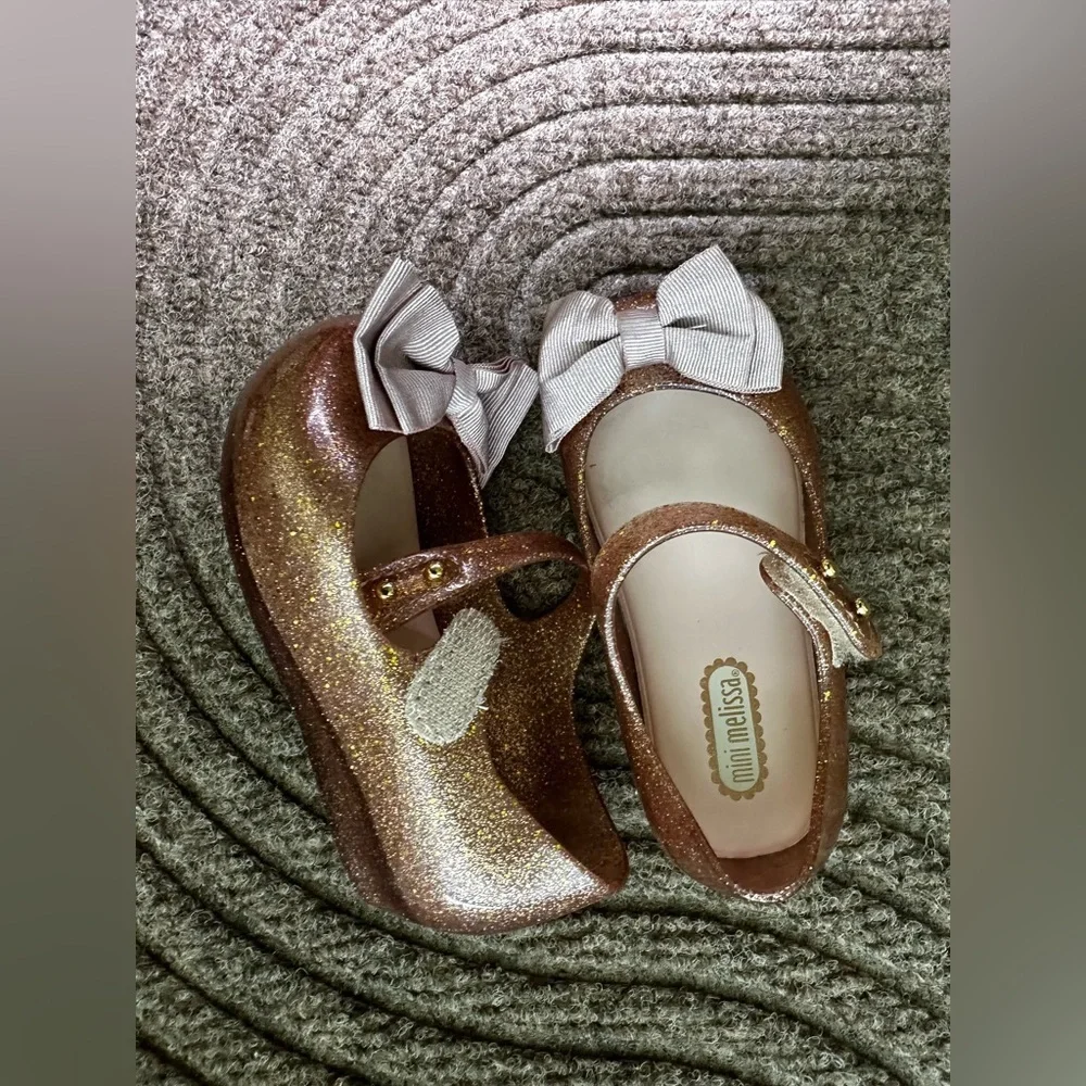 Mini Melissa Ultragirl Rose Gold Glitter Bow Flats Princess Barbiecore Sparkle 7